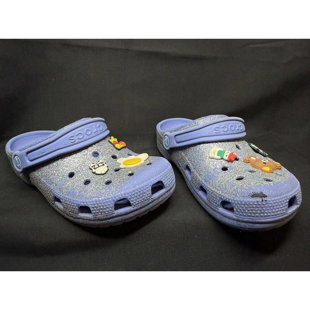 Crocs Classic Clogs Shoes Youth Size 3 Lavender Glitter Jibbitz Charms Slip‎ On